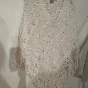 White Knit Fringe Poncho